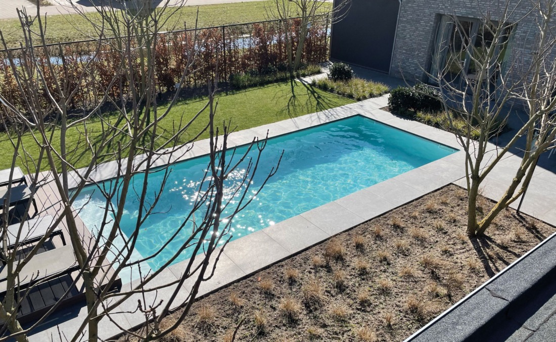 Zwembad met helderblauw water in een tuin omringd met bomen en plantjes