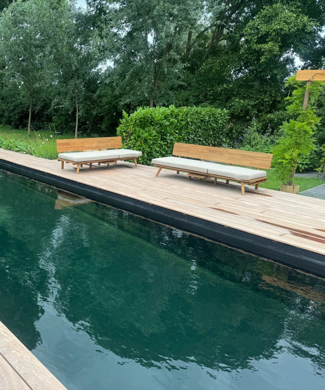 Zwemvijver in bosrijke tuin, houten vlonder met tuinbanken, natuurlijk zwembad ontwerp.